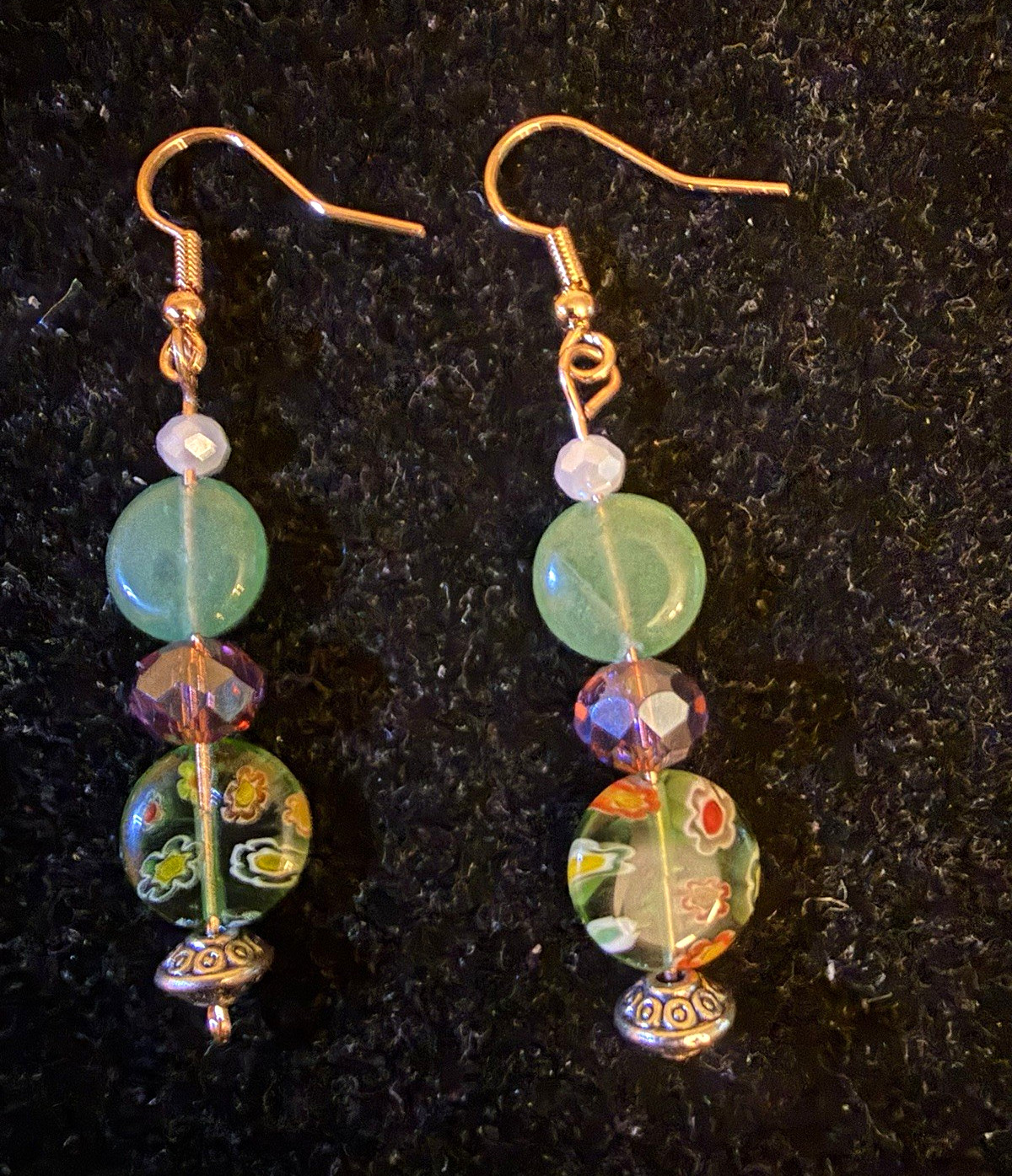 Green Round Glass Beaded Dangle/Drop Hook Earrings Bohemian Gold Tone