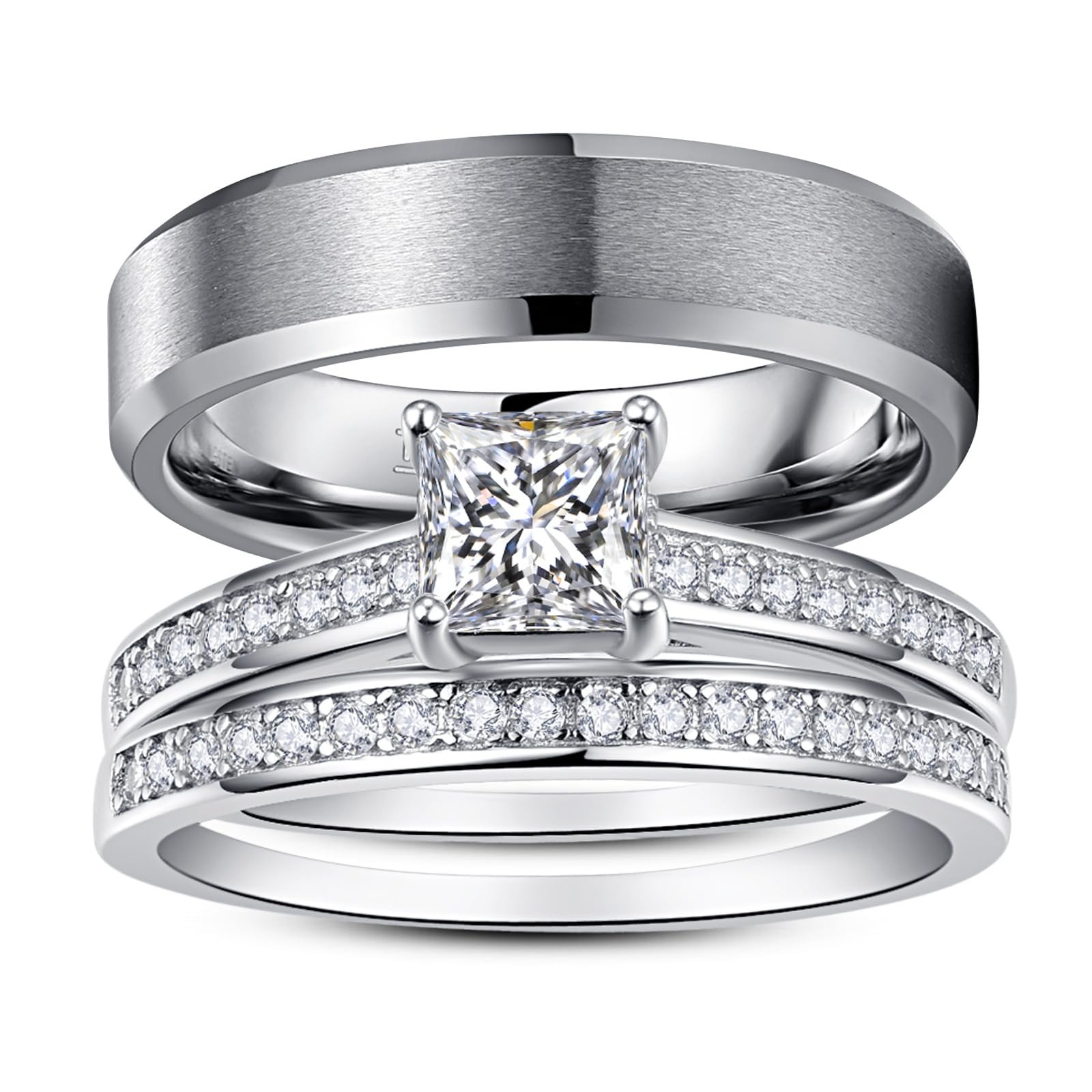 Promise Rings for Couple – Princess Cut Fake Engagement Ring Set & Men’s Tung…