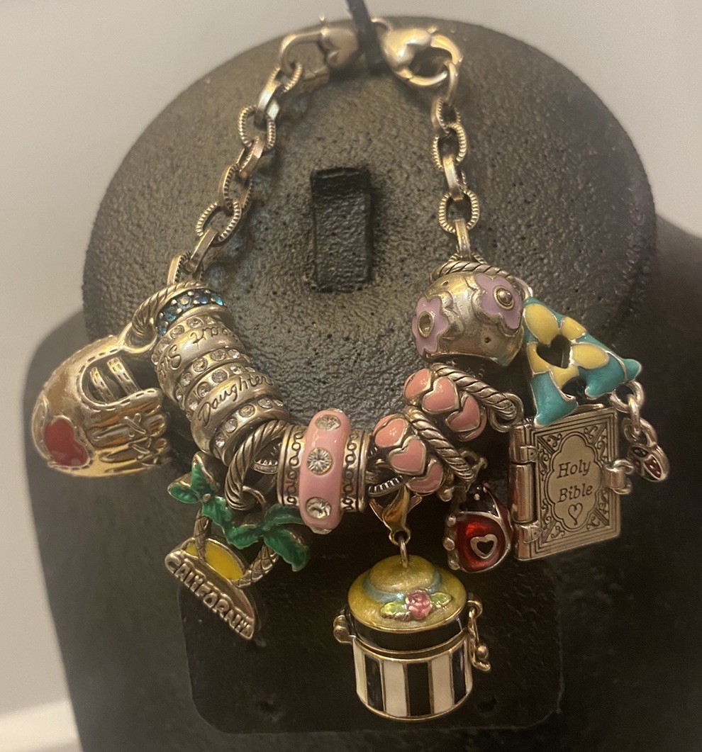 Brighton Signed Logo Enamel Rhinestone Bible Daughter Sweetheart Charm Bracelet