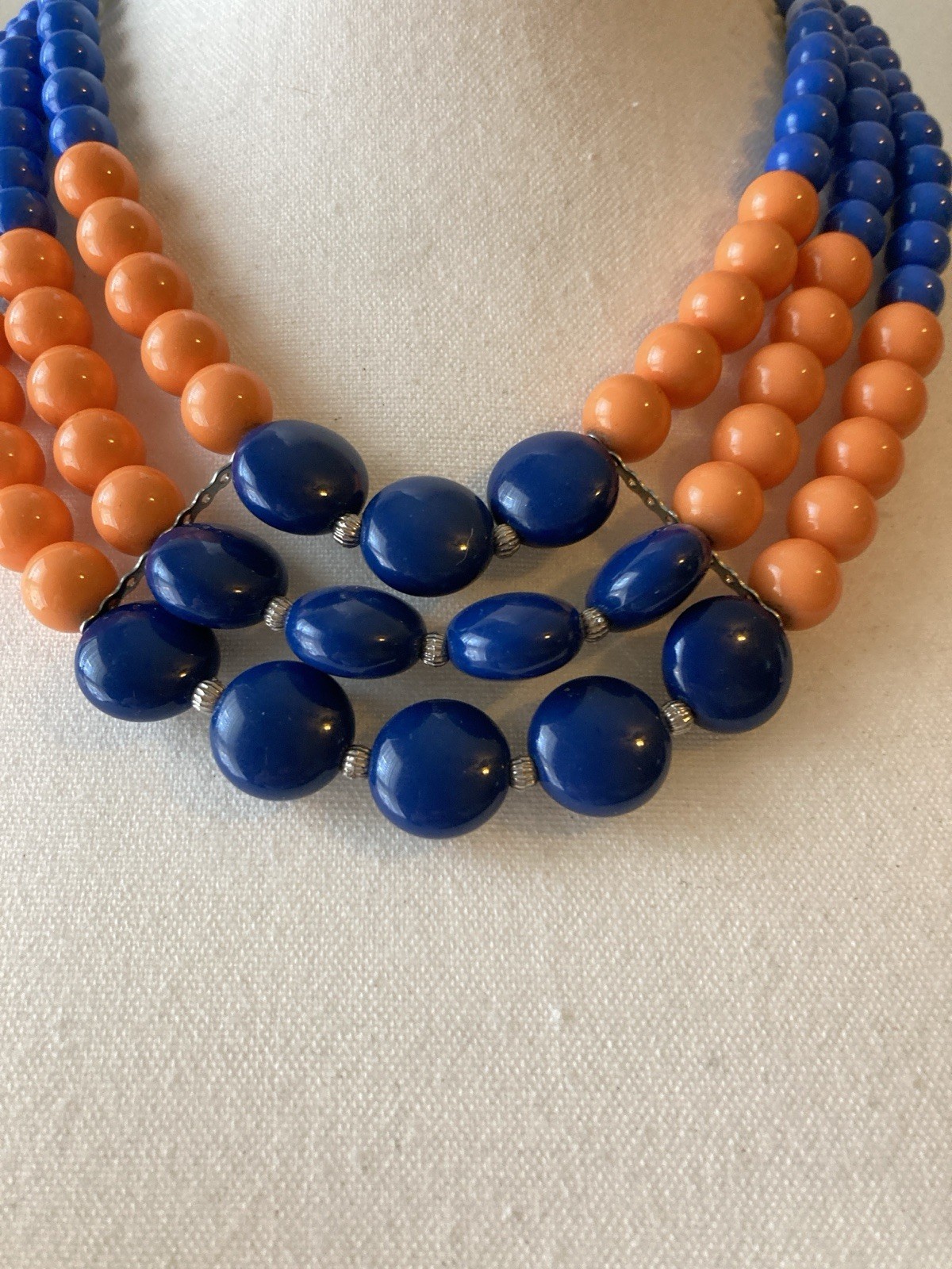 Blue & Orange Multi Strand Beaded Statement Necklace Retro Bold Glam Party