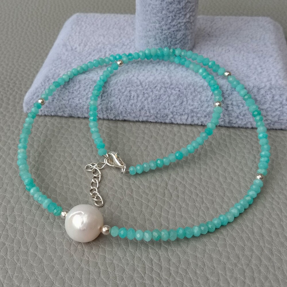 Natural Green Peruvian Amazonite White Pearl Necklace 17”