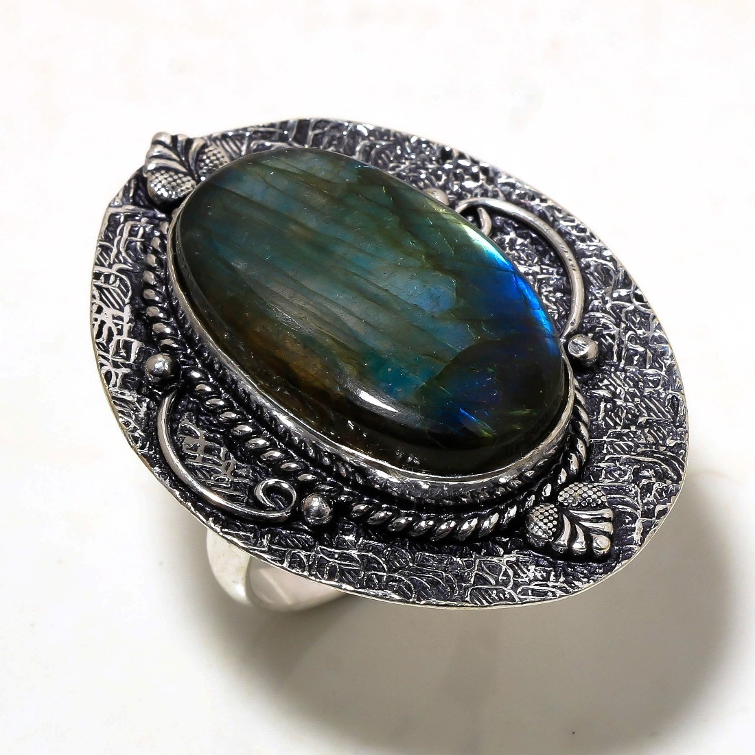Blue Fire Labradorite Gemstone Ring Handmade Anniversary Gift Jewelry 8″ FR 173