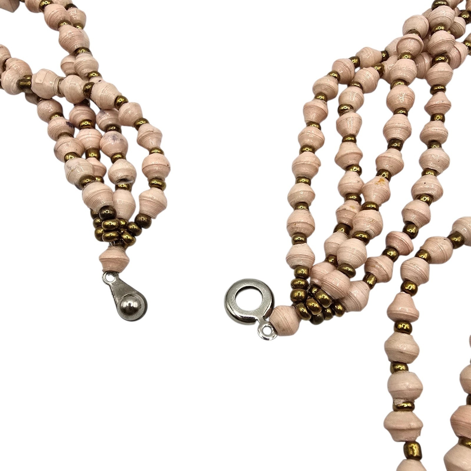 Vintage Necklace Bicone Soft Pink Bead Four Strand Brass Tone Spacer 24″ SKU2285