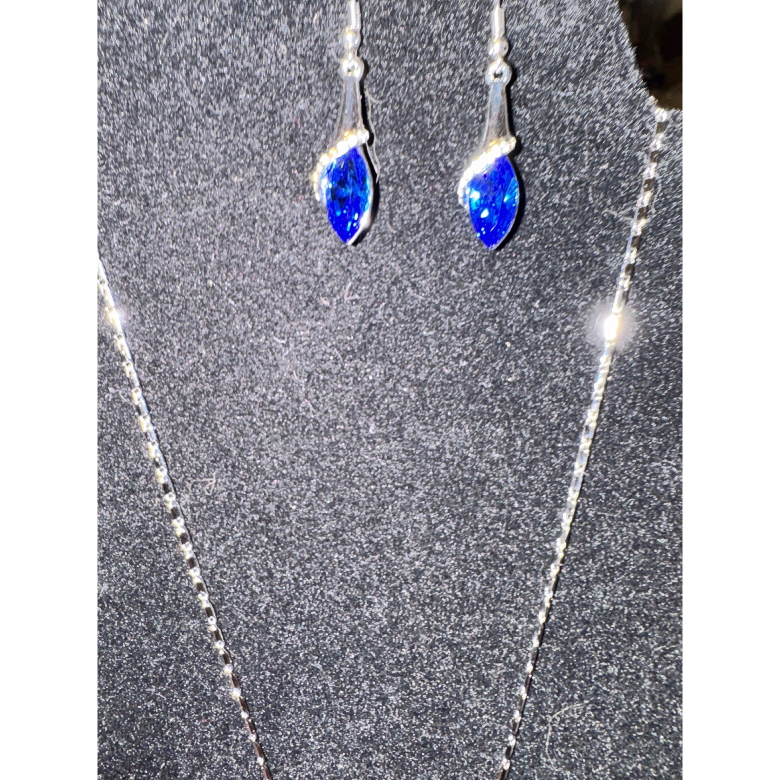 French Connection Blue Crystal Necklace Earrings Set with Travel Jewelry Case