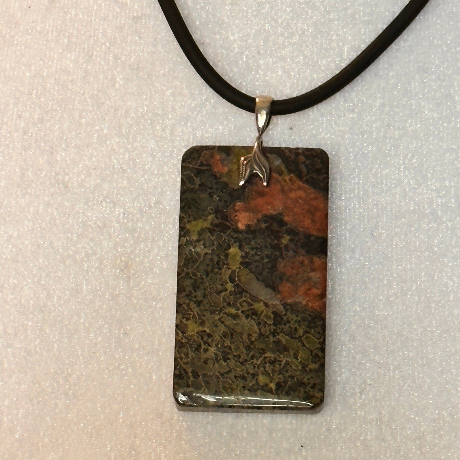 Dragonblood Jasper Pendant Necklace Green Pink Stone Sterling Silver Black Cord