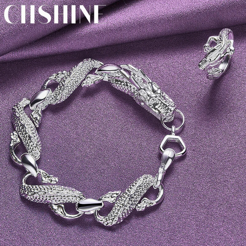 CHSHINE 925 Sterling Silver Dragon Bracelet Open Ring Adjustable Jewelry Sets