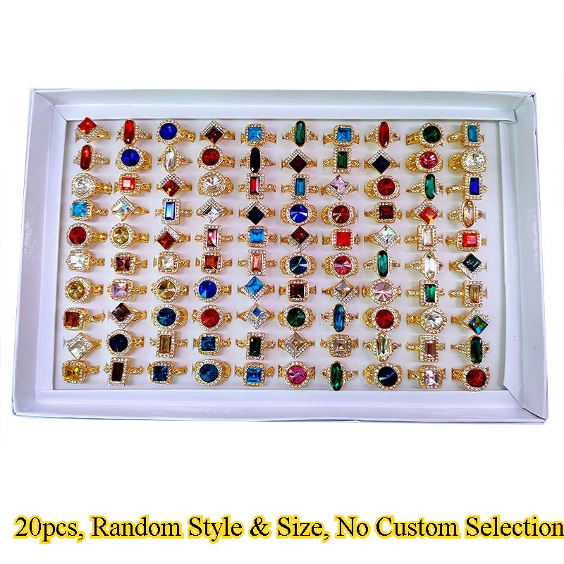 20 Pcs Lot Fashion KC Gold Crystal Ring Mixed Colorful Gemstone Jewelry