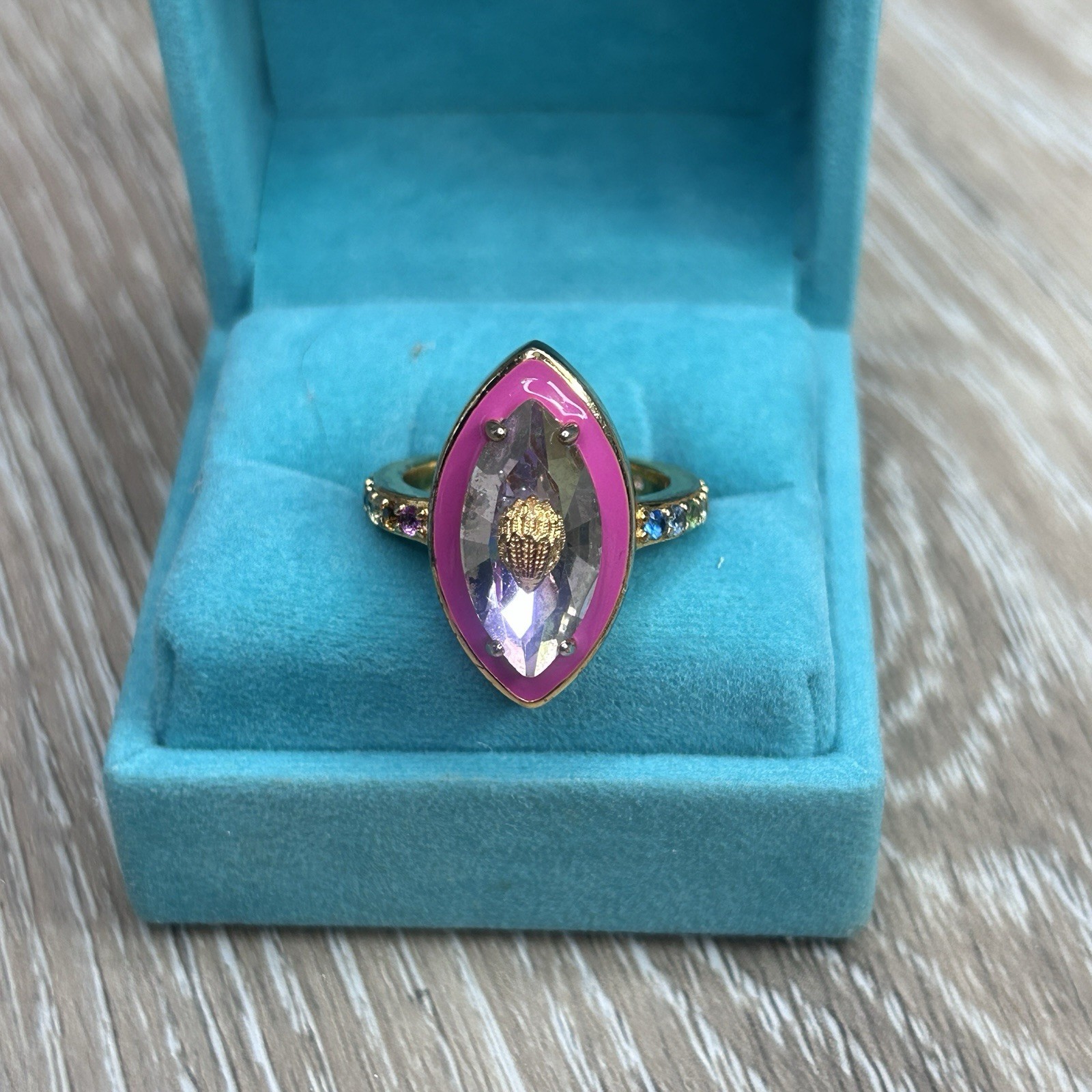 Kurt Geiger London Gold Statement Ring Size 8 Pink Enamel Crystal Gemstone