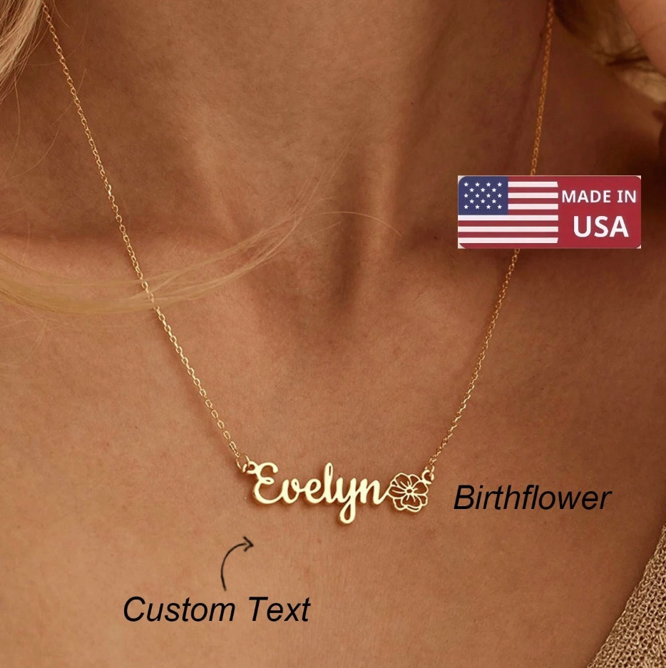 Custom Name Birth Flower Necklace Personalized 18K Gold Plated Gift for Women