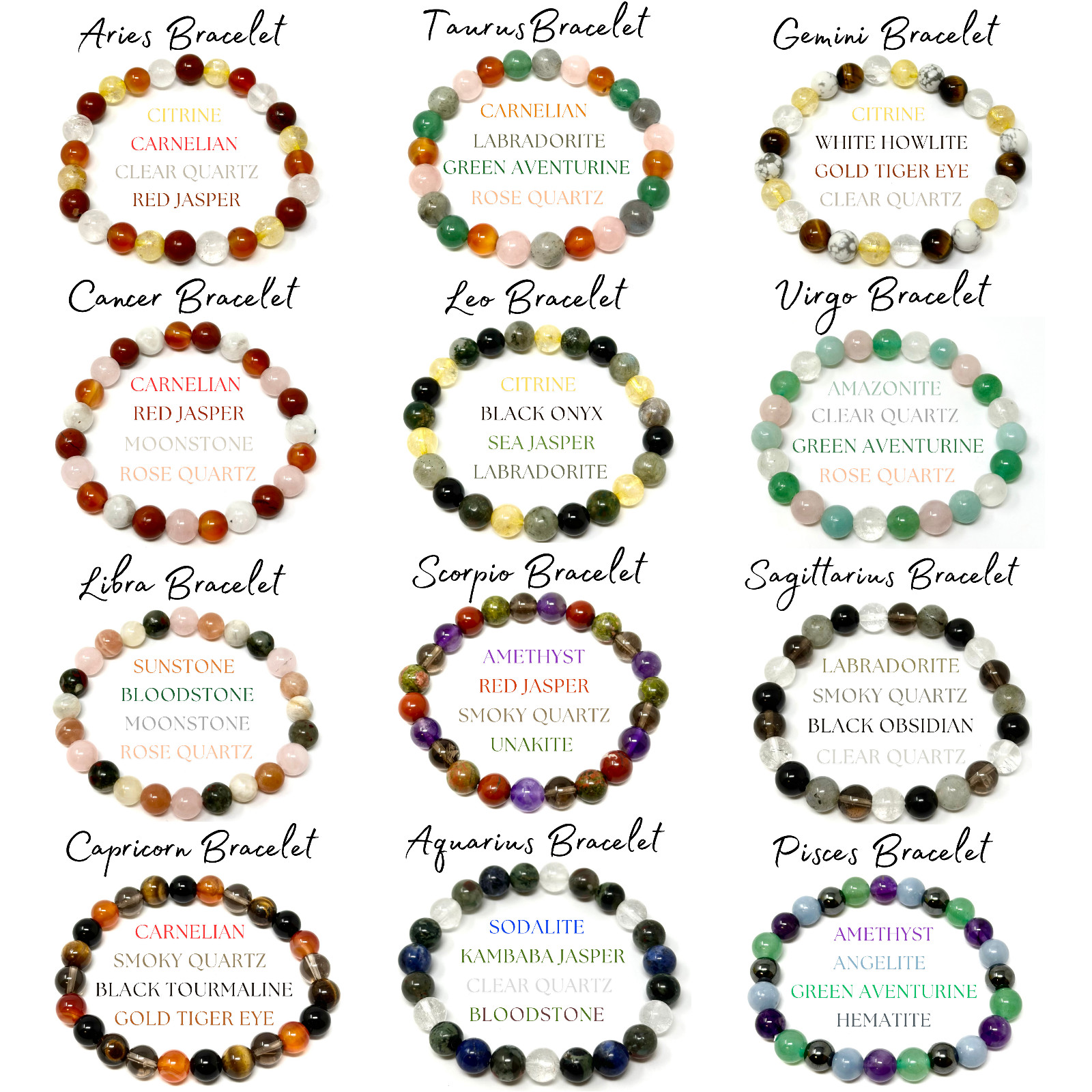 Zodiac Crystal Bracelets, Natural Zodiac Sign Gemstone Bead Birthstone Bracelets