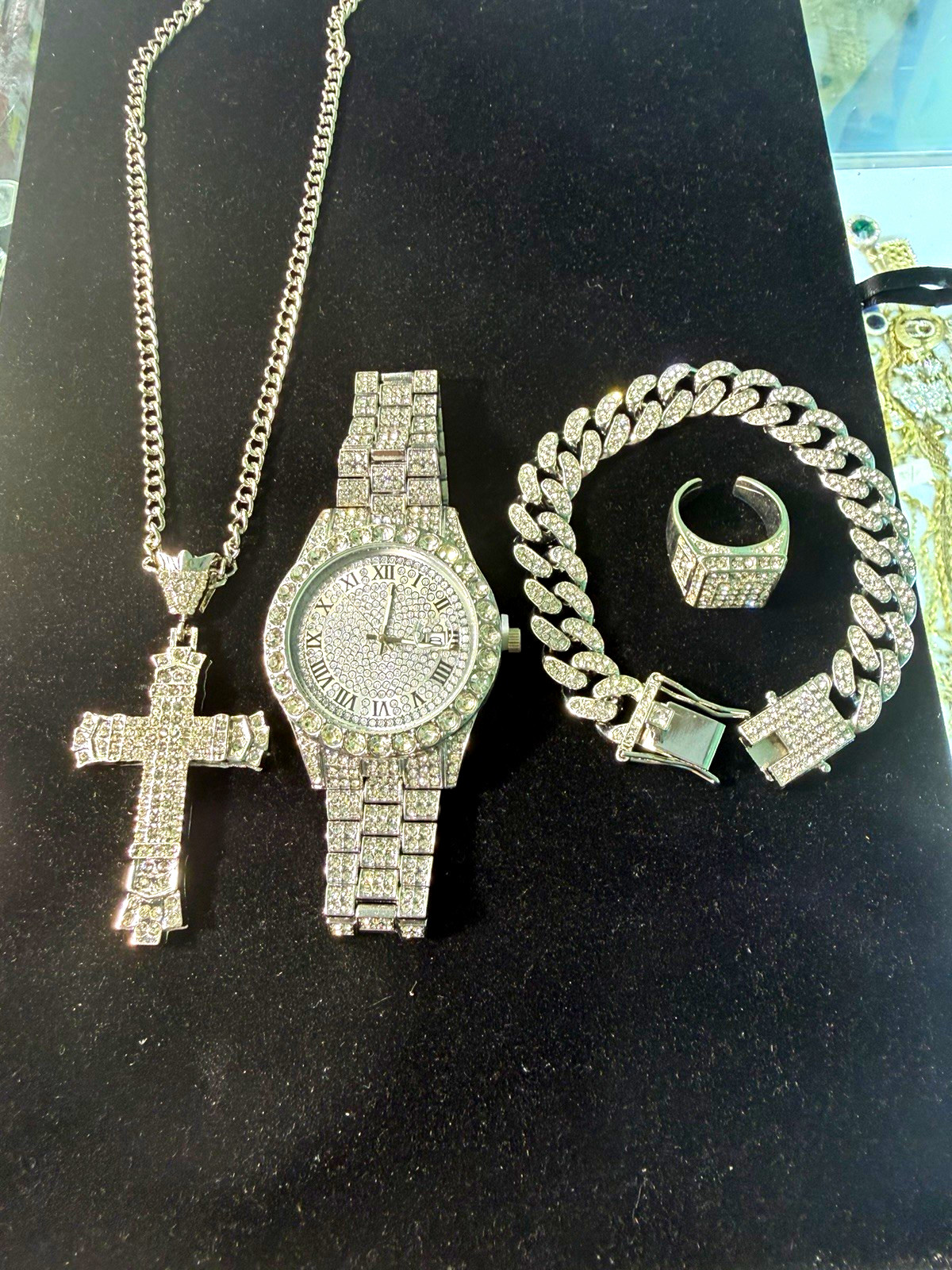 Geneva Silver Tone Iced Out Rhinestone Necklace Bracelet Cross Pendant Ring Set