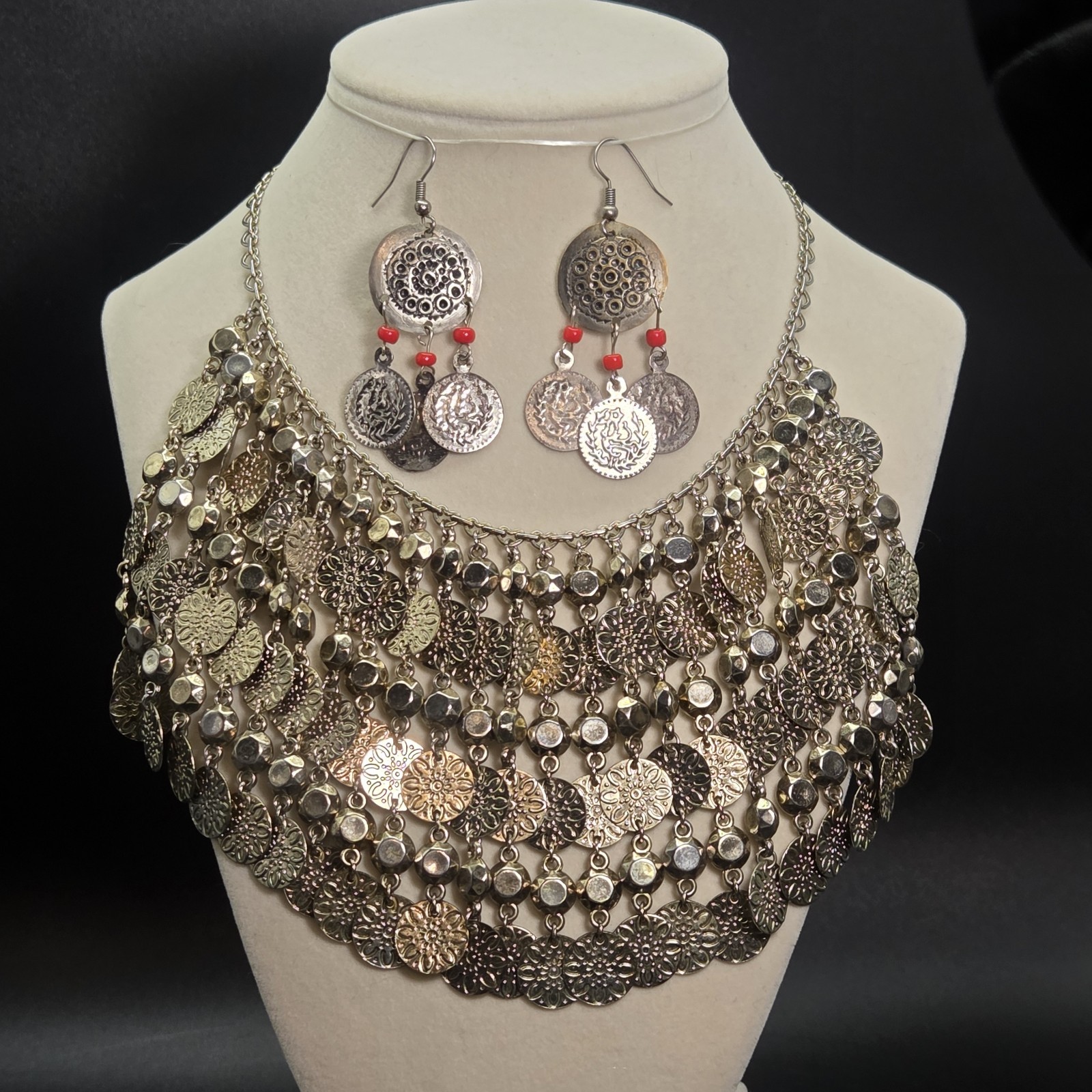 Dangling Coin Choker Bib Collar Silver Tone Metal Egyptian Necklace and Earrings