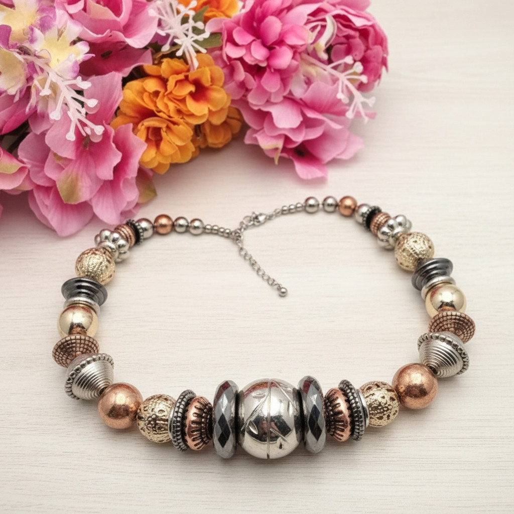 Mixed Metal Chunky Bead Necklace 21 in adj. Statement Boho Silver Gold Copper