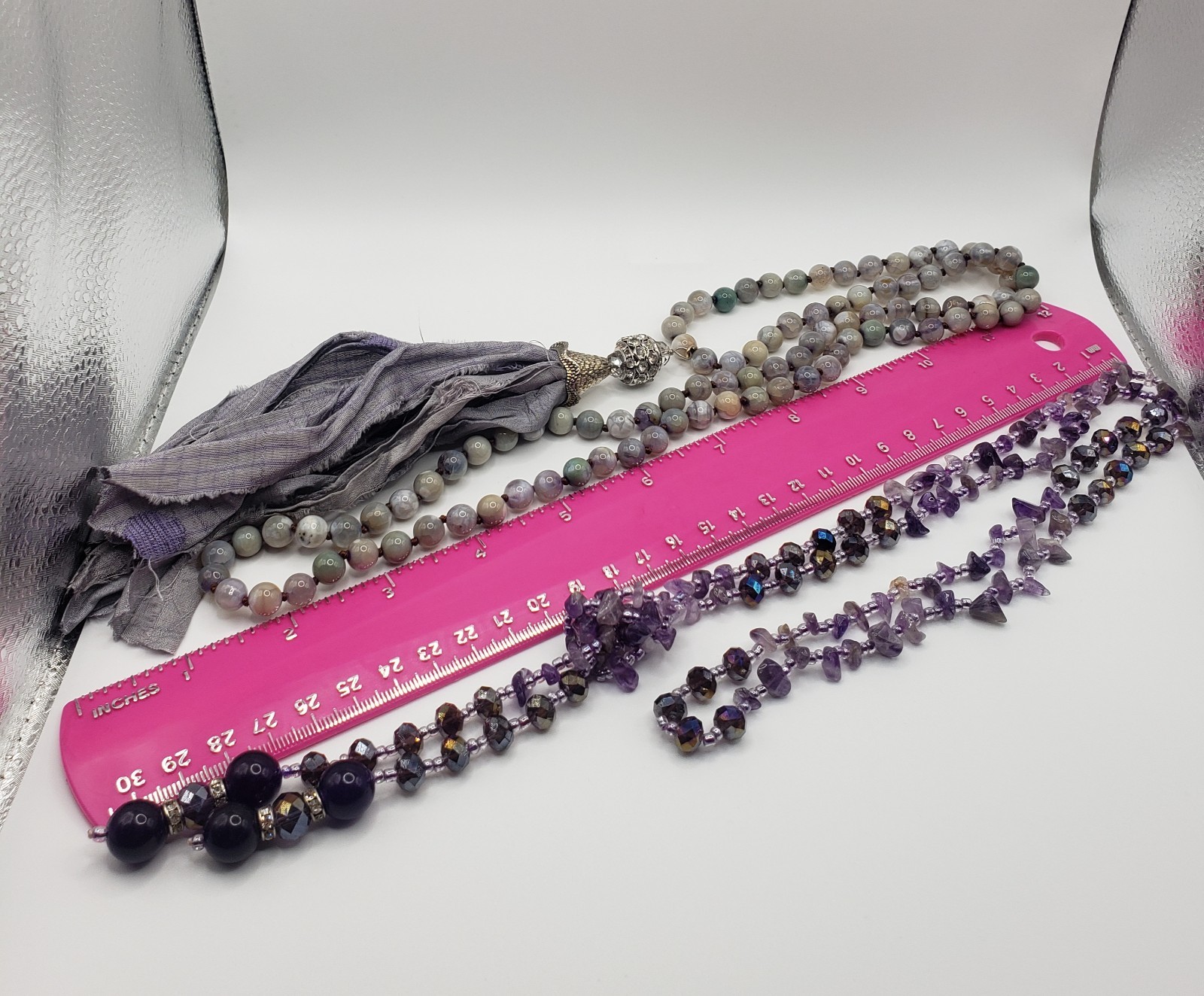 Lot of 4 Boho Beaded Statement Necklaces Amethyst Point Agate Crystal Tassel