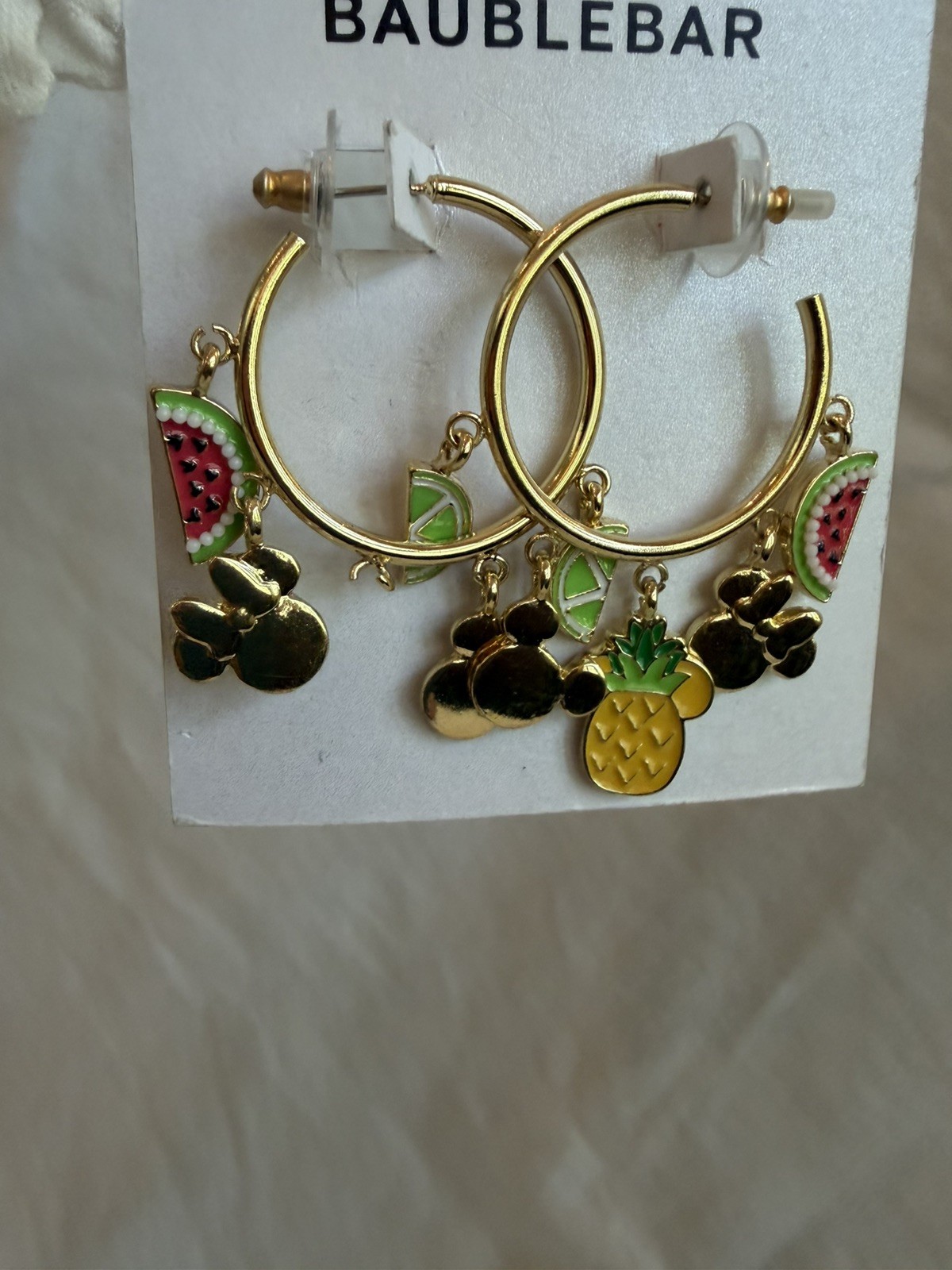Disney BaubleBar Mickey & Minnie Gold Hoop Earrings – Fruit Charms NEW