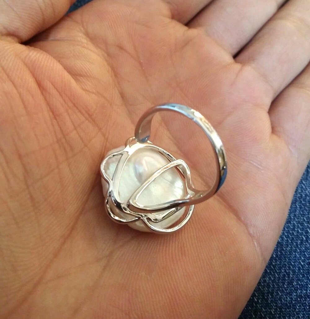 Beautiful 20mm Real White button Baroque pearl 925 sterling silver ring