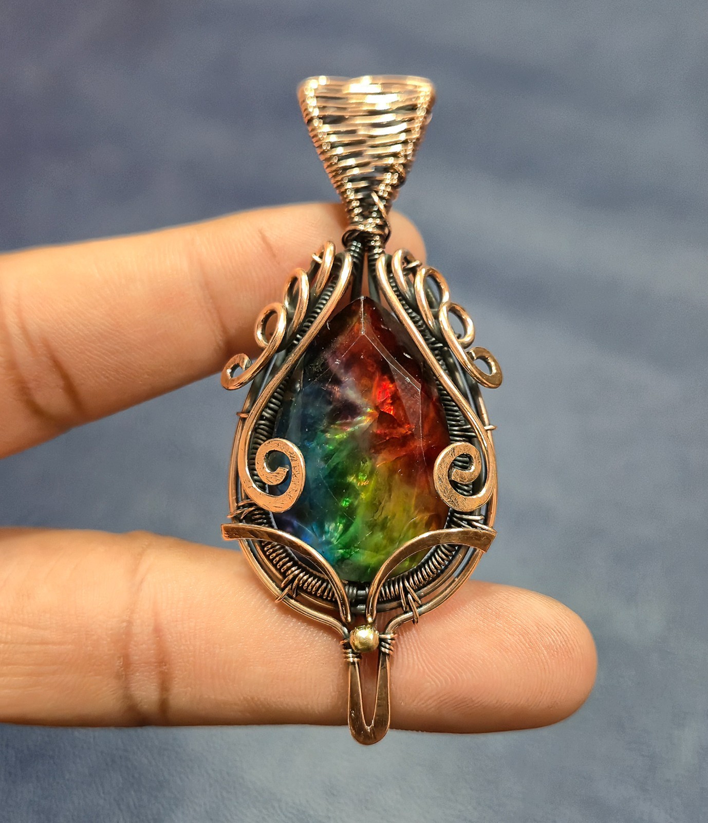 Faceted Ammolite Pendant Copper Wire Wrapped Jewelry Handmade Gem Jewelry