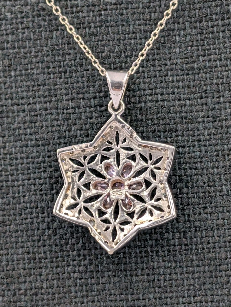 Sterling Silver Pink White CZ Flower Star Of David Pendant 16.25″ Cable Necklace