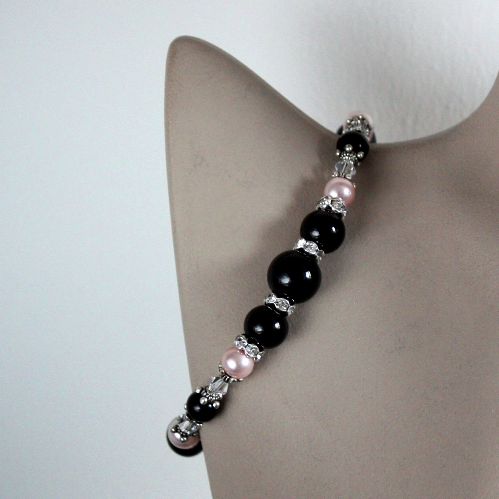 Black pink blush pearls rhinestones silver wedding bridesmaid bridal jewelry set
