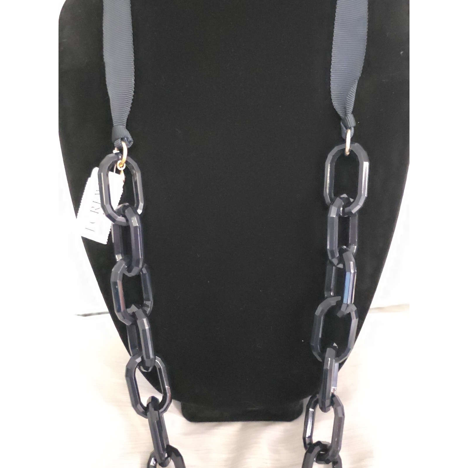 J. Crew Signed Chunky Blue-Black Acrylic Chain Link Necklace Ribbon Tie Back NWT