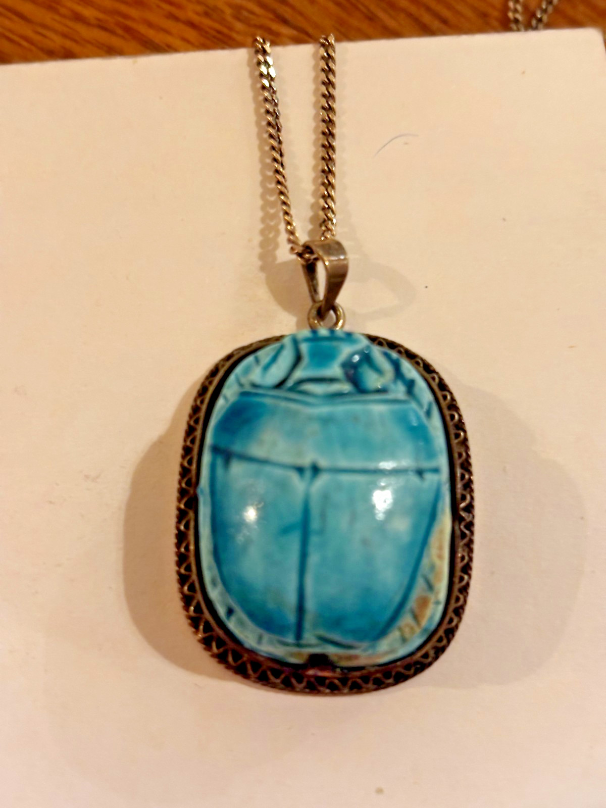 Antique original 20s egyptian Scarab pendand & chain Assey marks 800 ART DECO