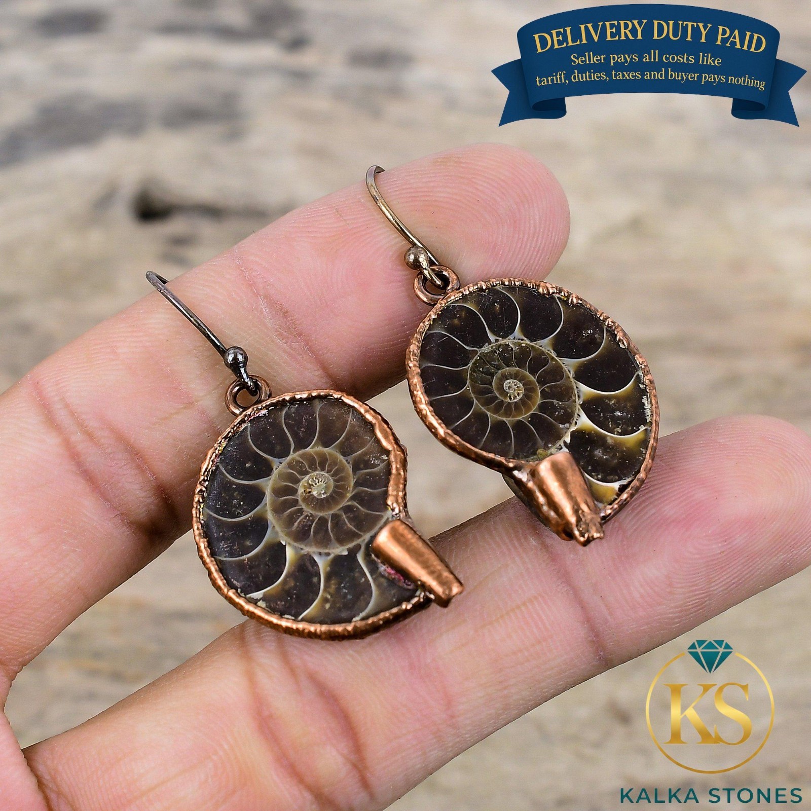 Copper Ammonite Fossil Stone Drop Dangle Unique Electroformed Earrings Jewelry