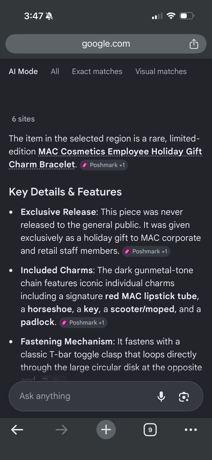 Vintage MAC Charm Bracelet Lipstick Black Signed Key Employee Only Collectibles