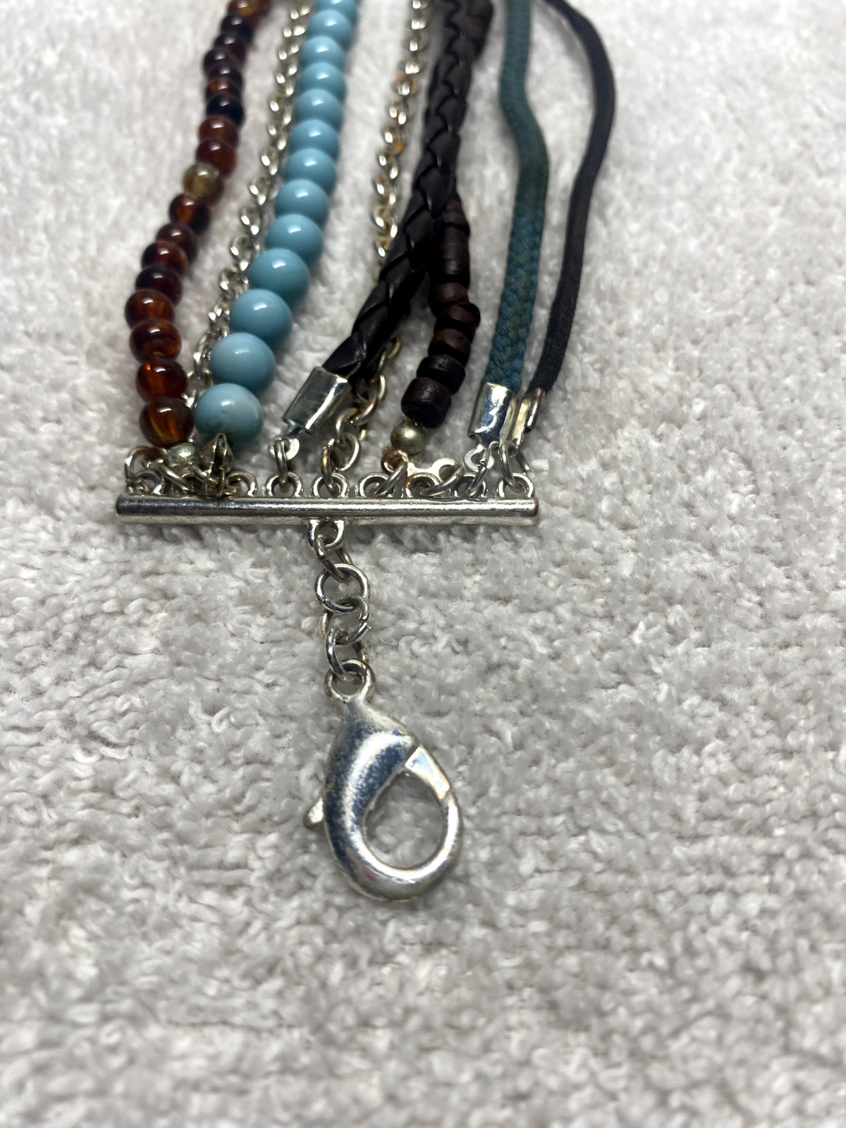 Multi-Material Bohemian Bracelet with Lobster Clasp – Brown, Blue, Silver, Black