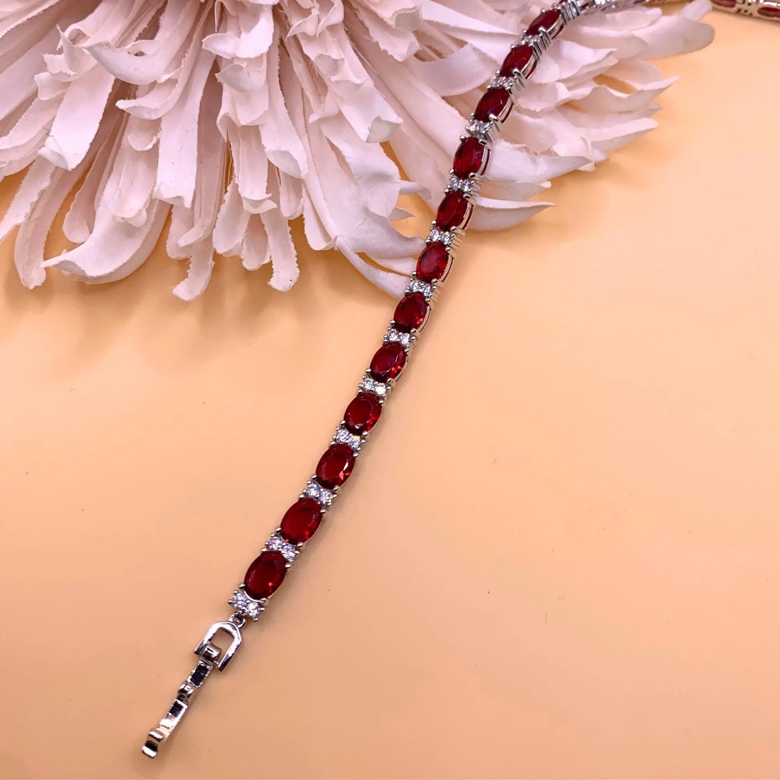 Red Ruby July Birthstone Oval Cut White Gold Bracelet – Free Gift Box Included