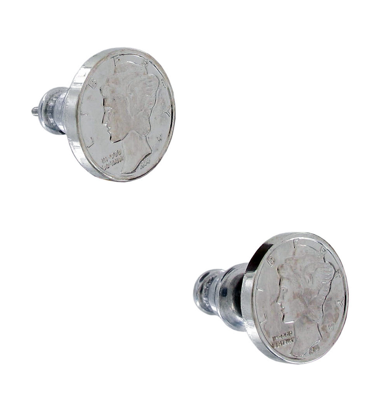Vintage Miniature USA Mercury Dime Coin Stud Earrings – Silver Tone 3/8″