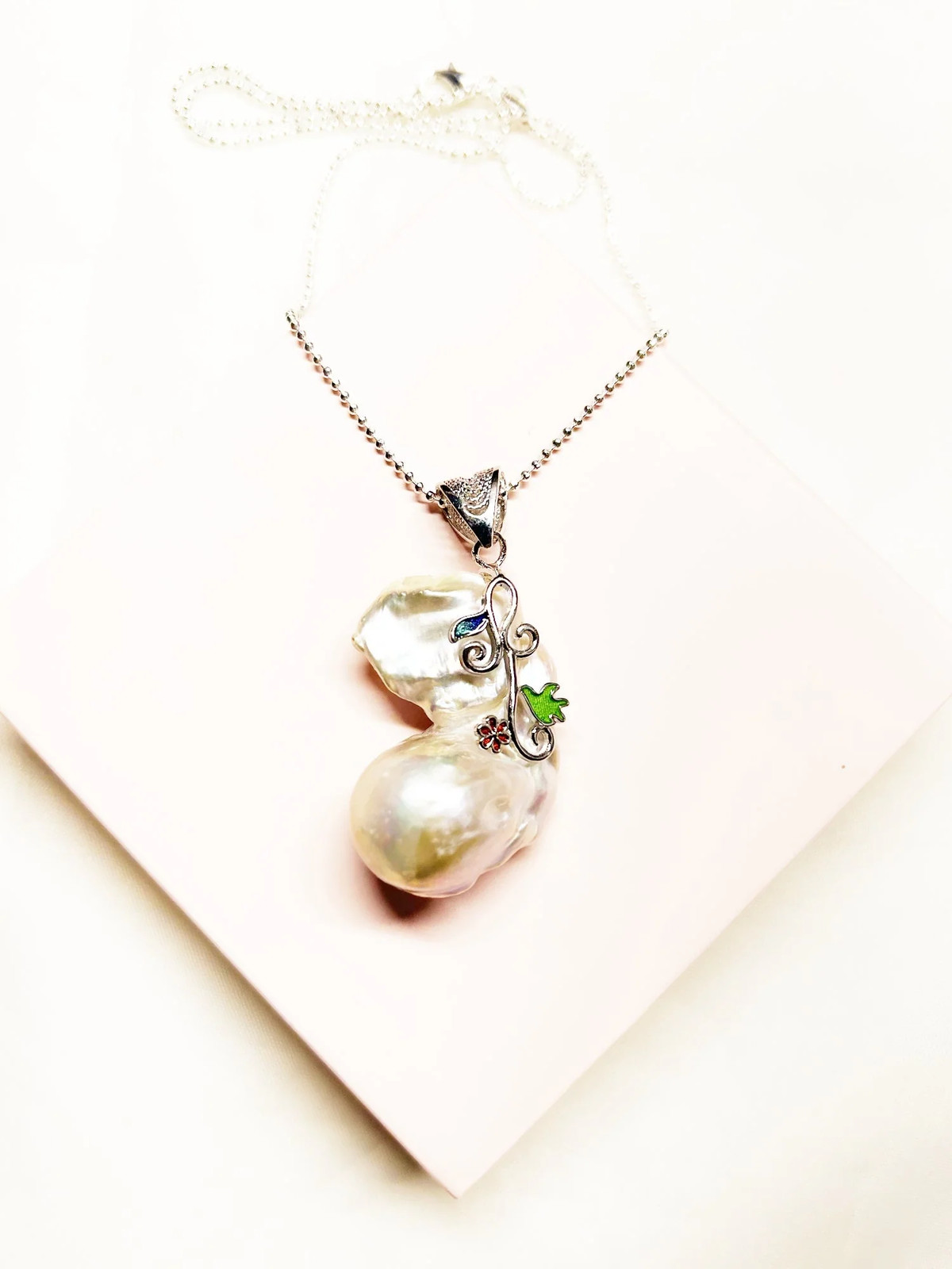 Sterling Silver & large baroque pearl pendant-wire wrapped on 18 inch brite cut