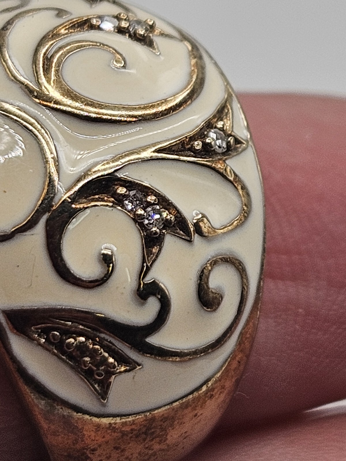 Sterling Silver Scroll Ivory Enamel Clear CZ Dome Ring Size 6 Signed ZRW