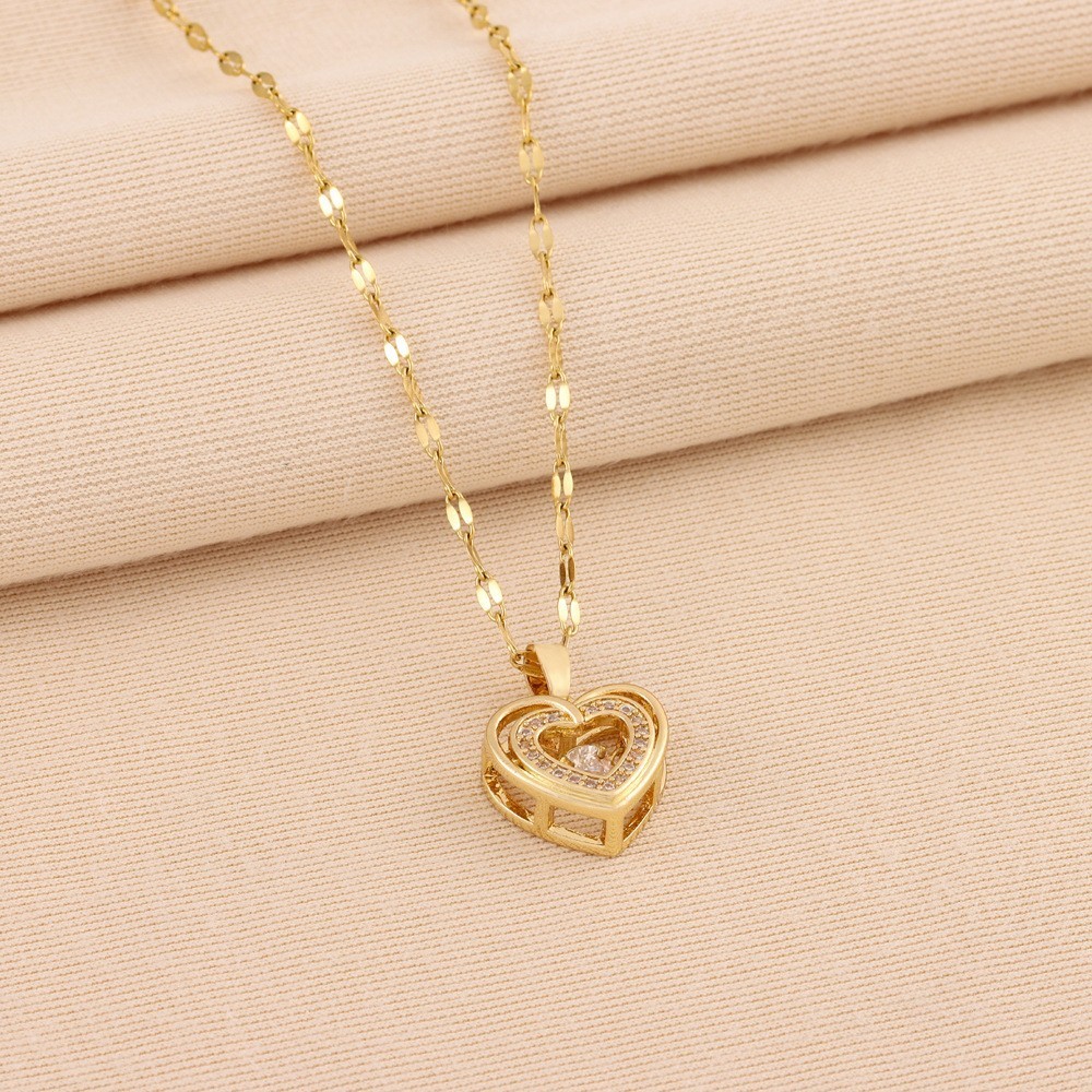 Double Layer Heart Necklace Rhinestone Titanium Steel Women Gift