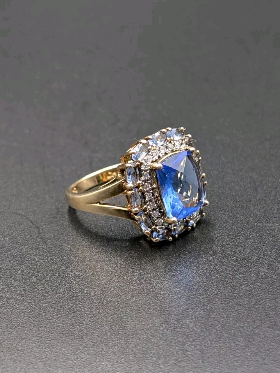 Ross Simons 14k Gold Plated Sterling 925 Simulated Tanzanite Iolite CZ Halo Ring