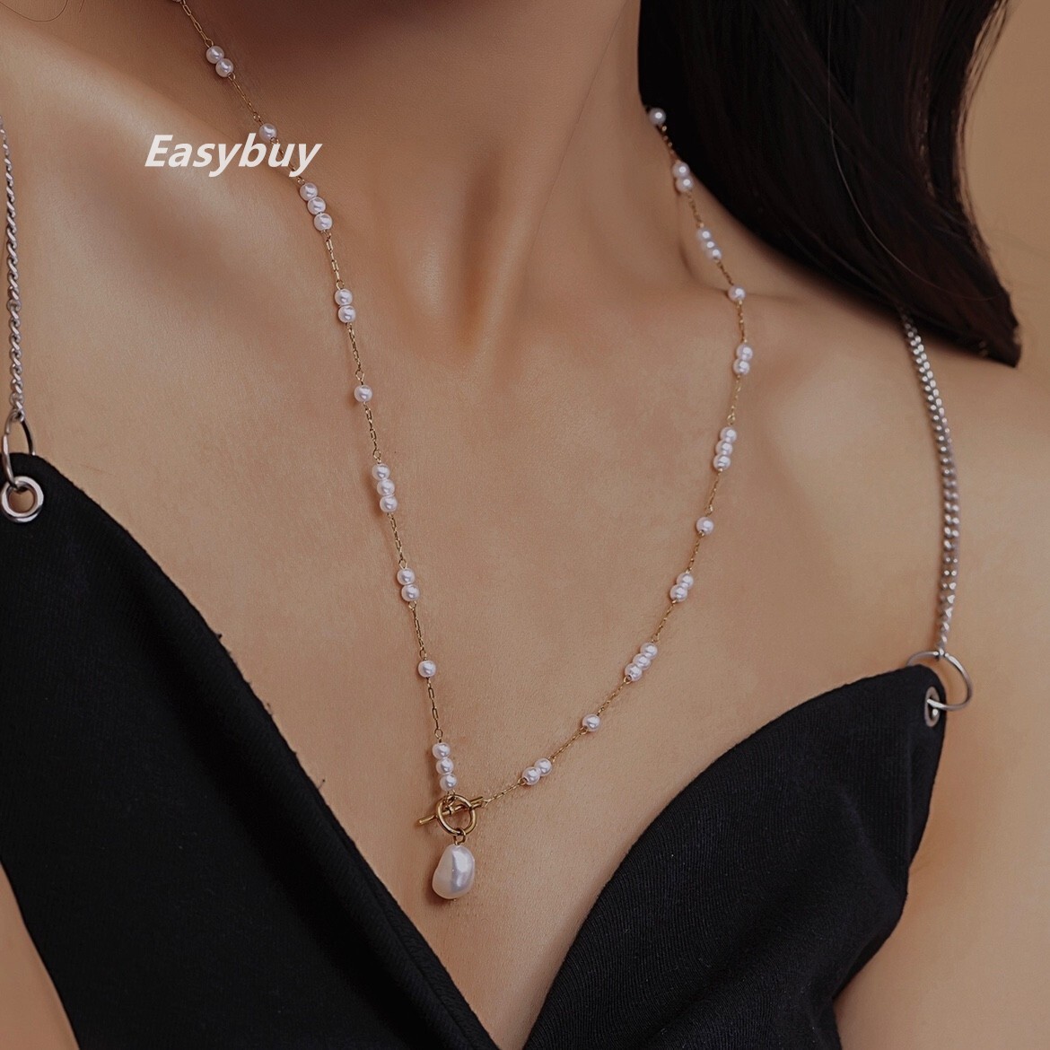 Woman 18K Gold Plated Pure Nature Freshwater Pearl Charm Chain Necklace Toggle