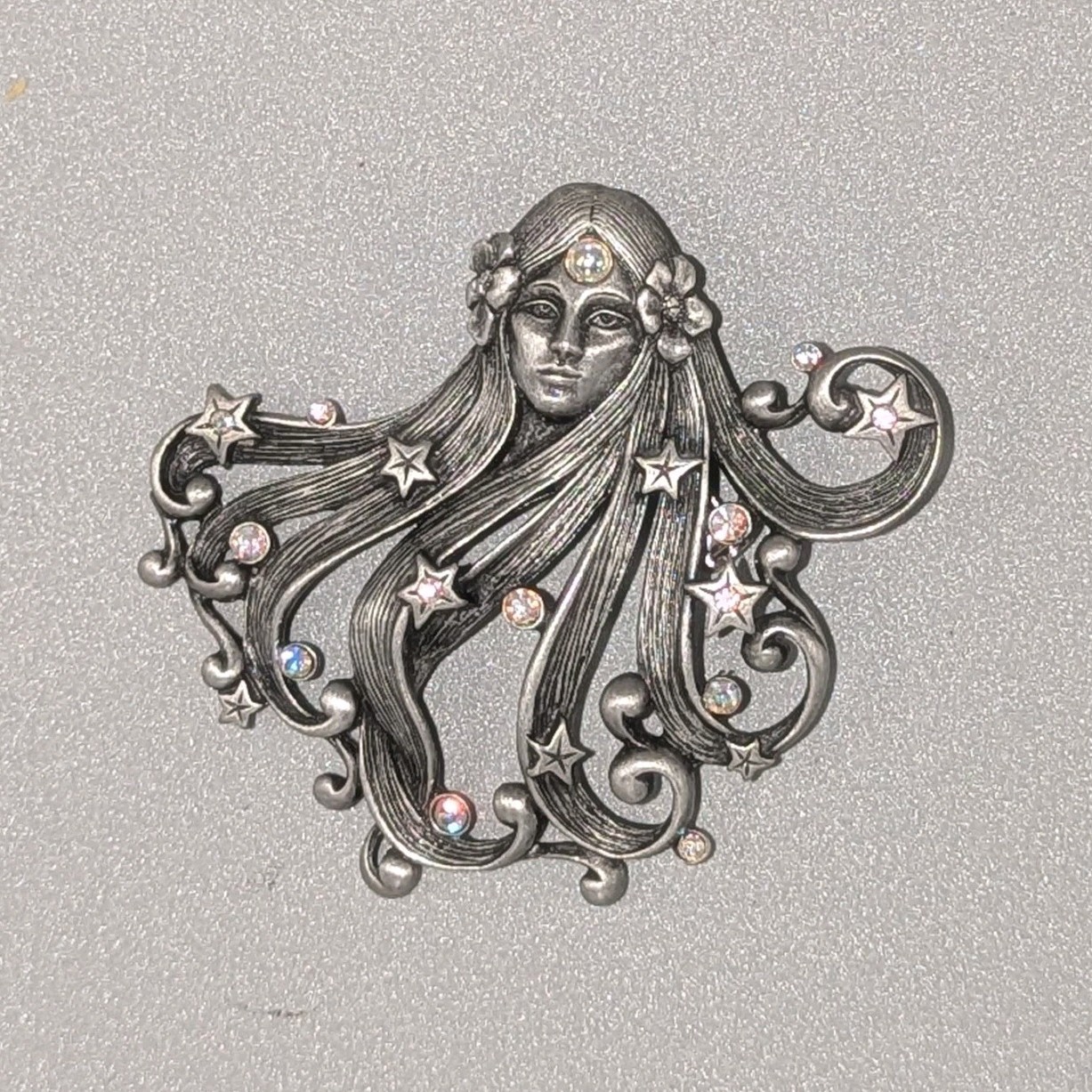 Signed JJ Art Nouveau Pewter Star Goddess Asteria Brooch Aurora Borealis