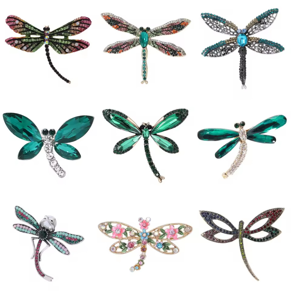 Vintage Gold Tone Enamel Dragonfly Brooch Crystal Insect Pin Nature Jewelry Gift