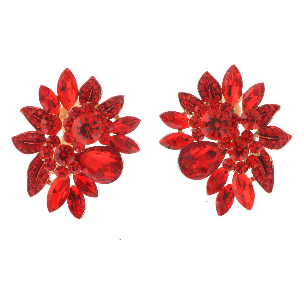 Gold Tone Alloy Metal Crystal Rhinestone Clip-On Earrings ER2665-RED