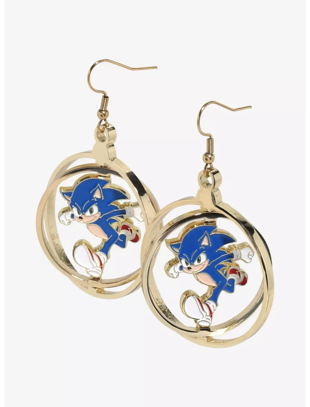 Sonic The Hedgehog Sonic Rings Drop Earrings Gold Tone Spinning Brand New
