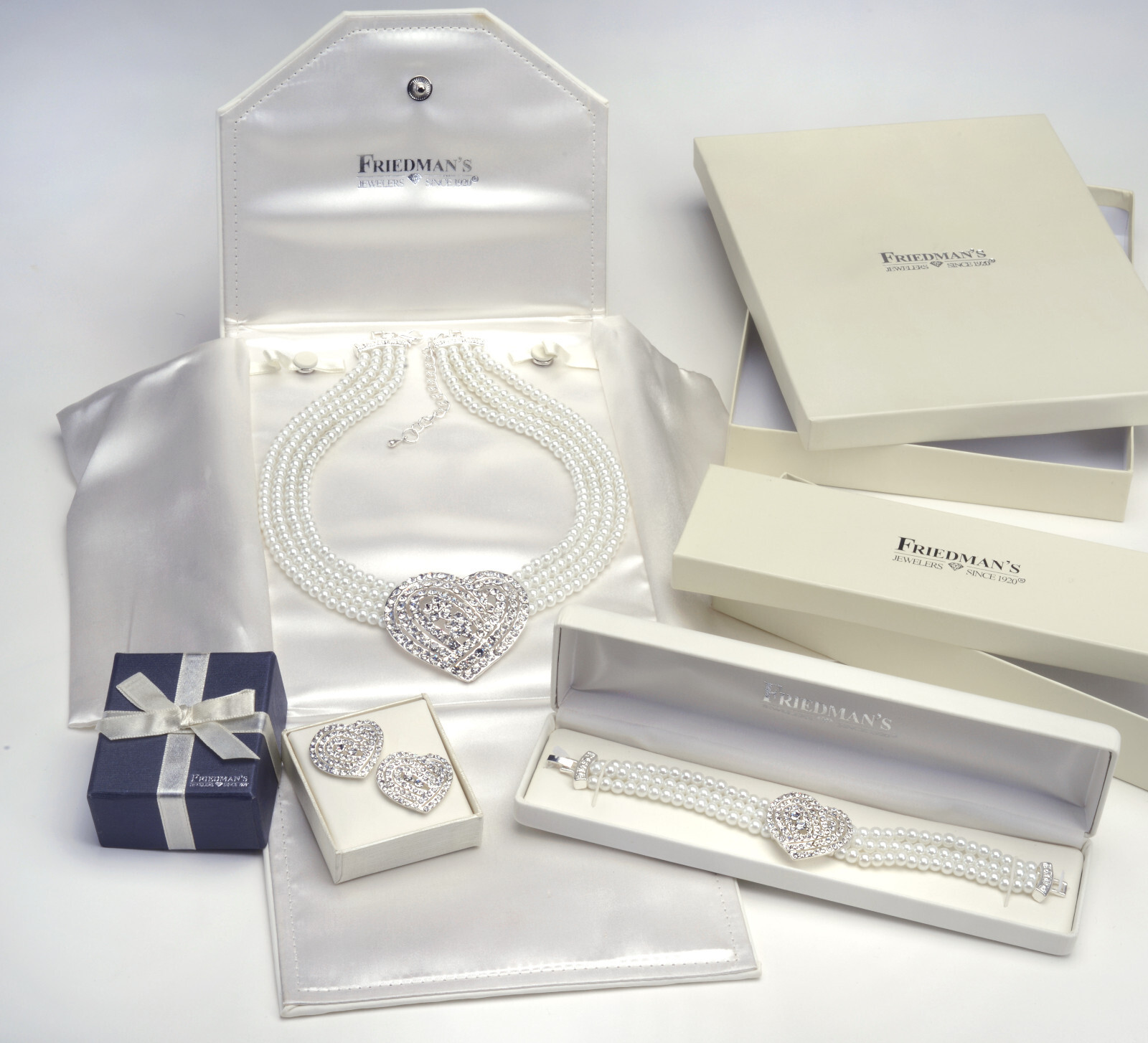 Crystal Heart & Strand Faux Pearl Necklace Bracelet Earring Set Bridal Prom NIB