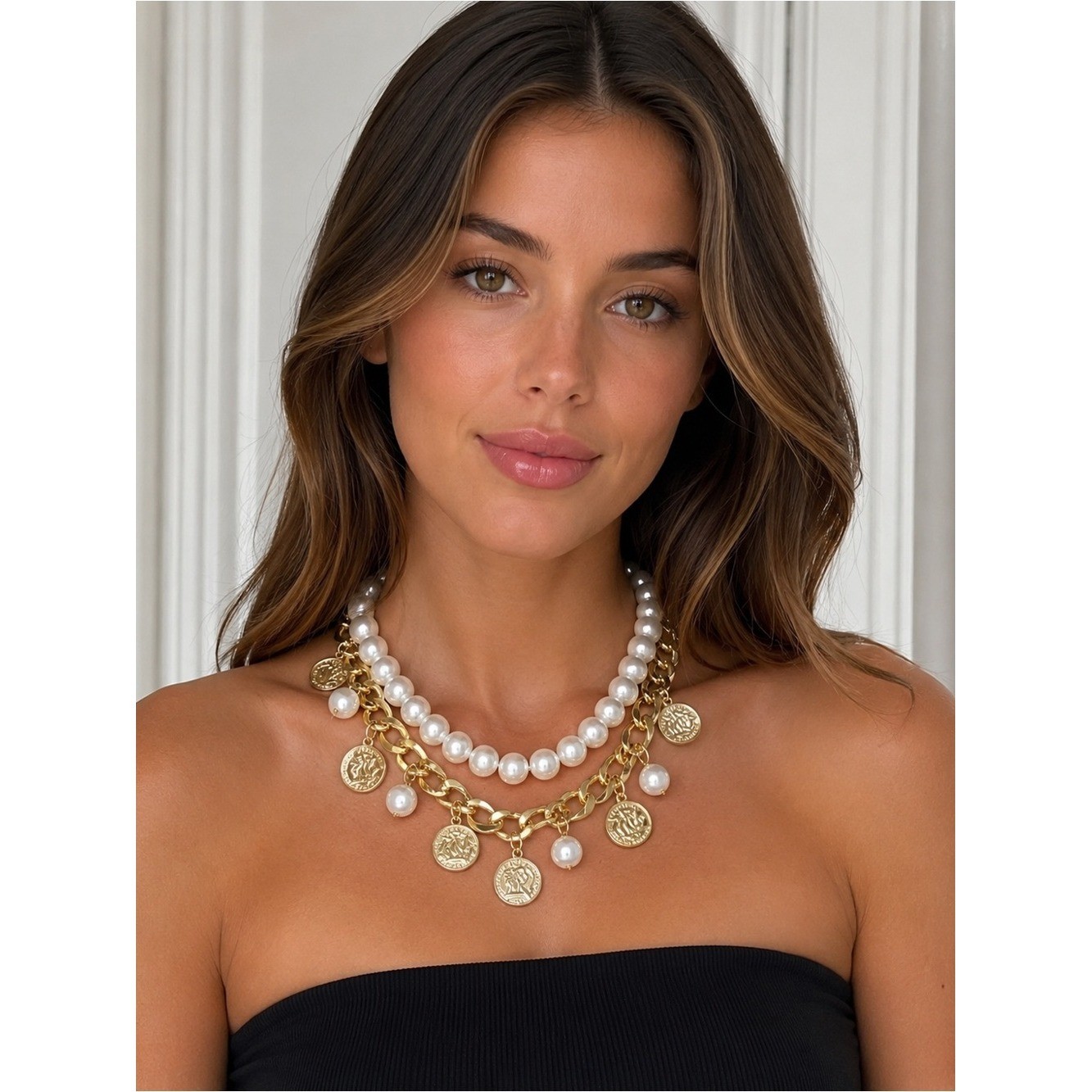 New Layered Faux Pearl & Gold Coin Charm Statement Necklace Set