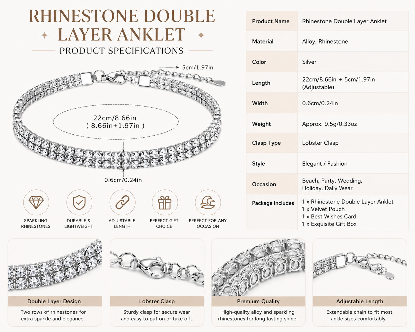 Rhinestone Double Layer Anklet Crystal Chain Bracelet Women Beach Jewelry