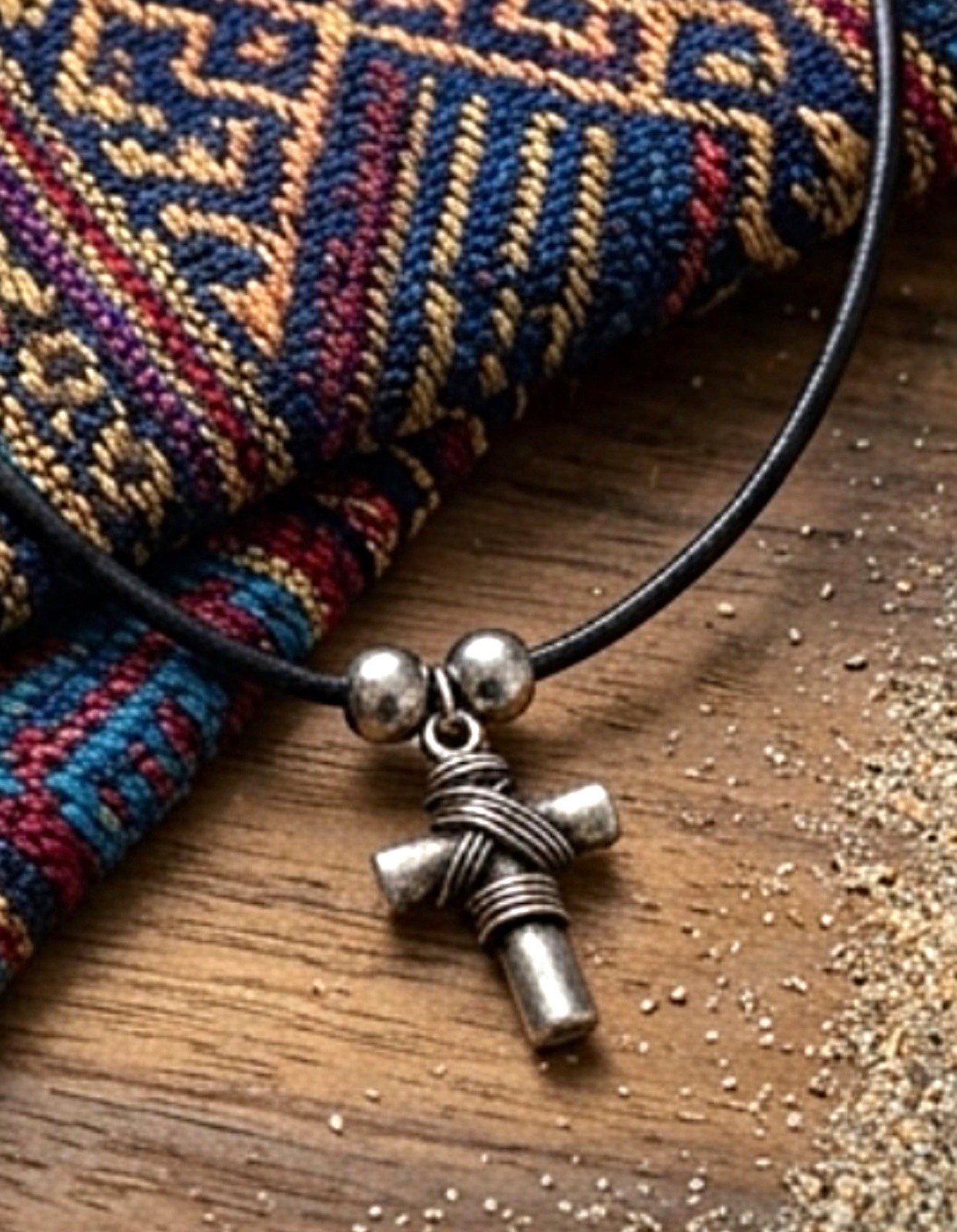 Silver Tone Cross Charm Pendant Necklace Black Cord Chain Hook Closure
