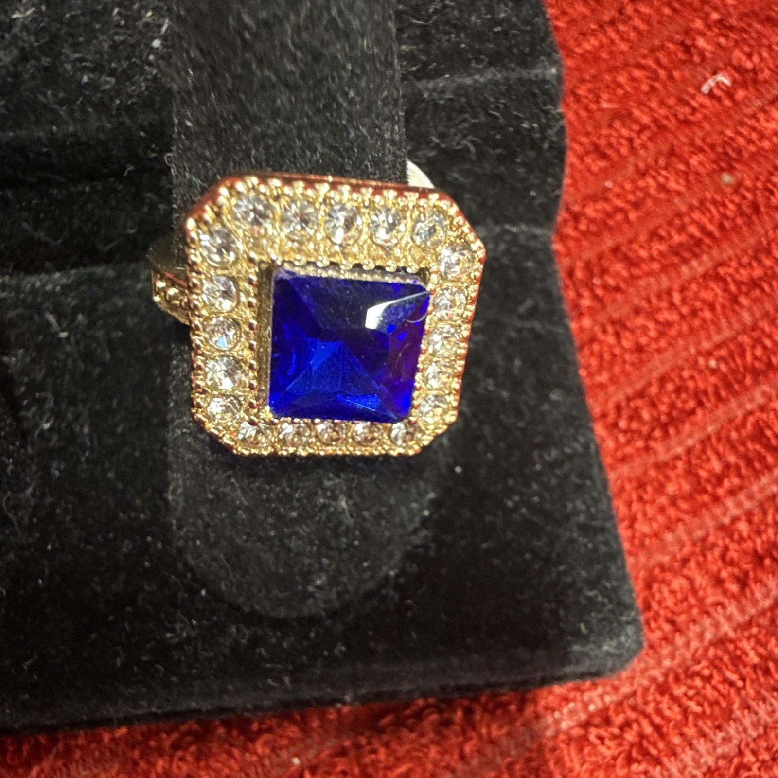 Square Blue Stone Halo Rhinestone Cocktail Ring Gold Tone Prong Set Size 9 US