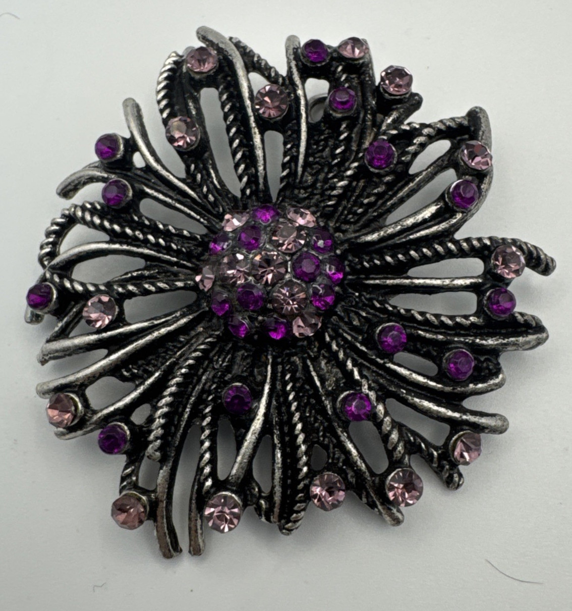 Pink & Purple Rhinestone Round Black and Silver Tone Pendant