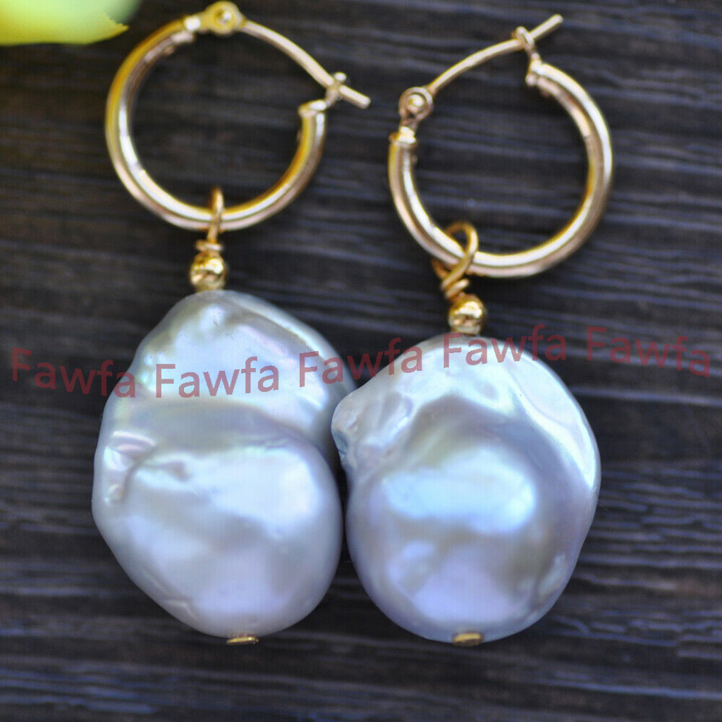 15-20MM RARE NATURAL GRAY BAROQUE KESHI REBORN PEARL DANGLE EARRING 14K GOLD