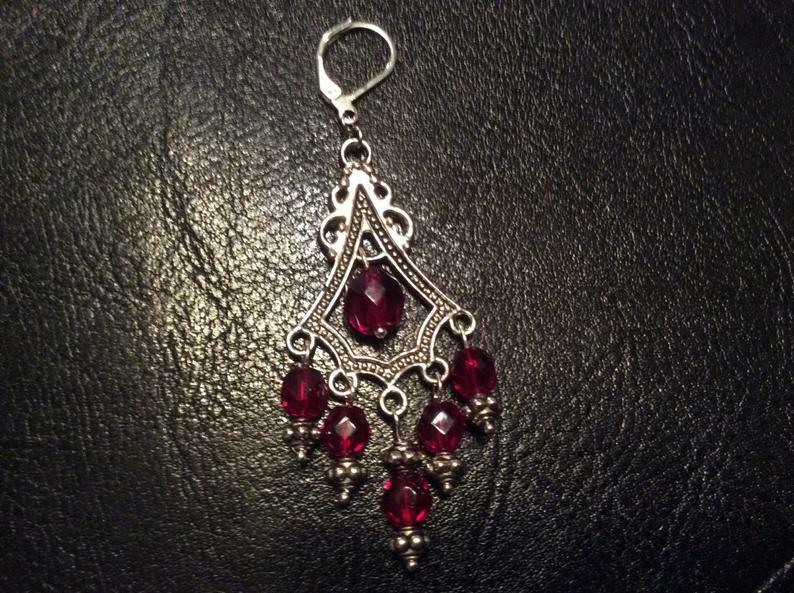 Ruby Red Aurora Borealis Chandelier Earrings Sterling Silver wires Prom Earrings