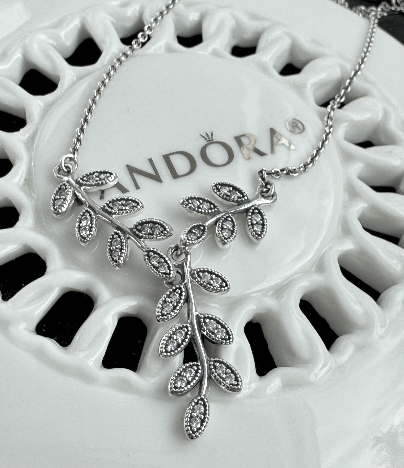 Authentic Pandora Sparkling Leaves Chain Necklace #590414CZ- 45 cm / 17.7 in