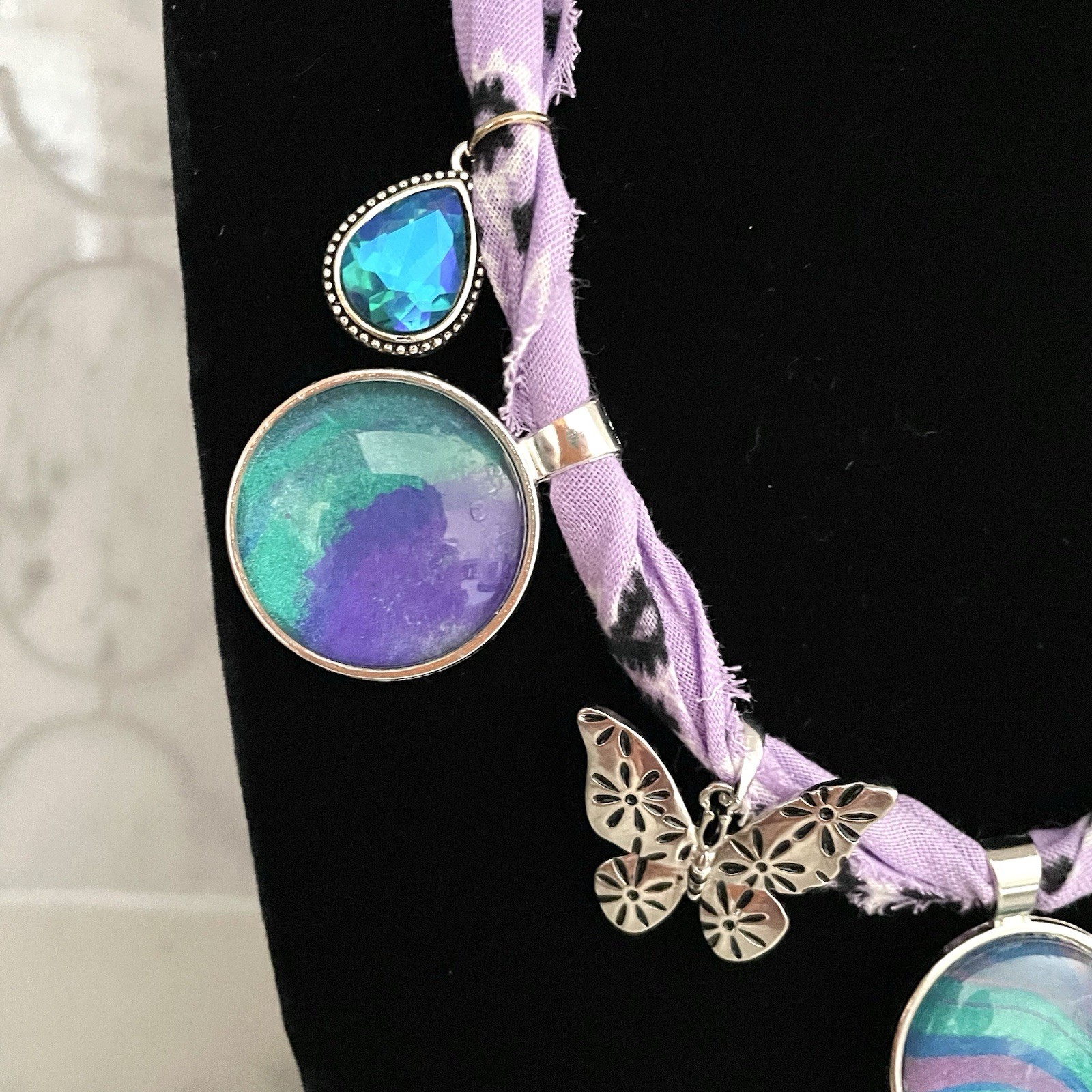 Fluid Art Paint Pour Handmade Charm Bandana Necklace Purple, Teal
