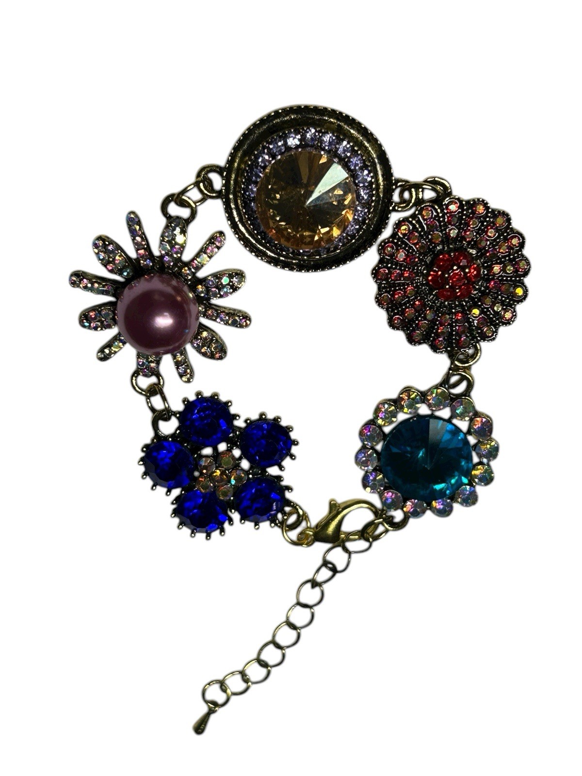 Colorful Rhinestone Floral Statement Bracelet Gold Tone Adjustable 7–8.5”